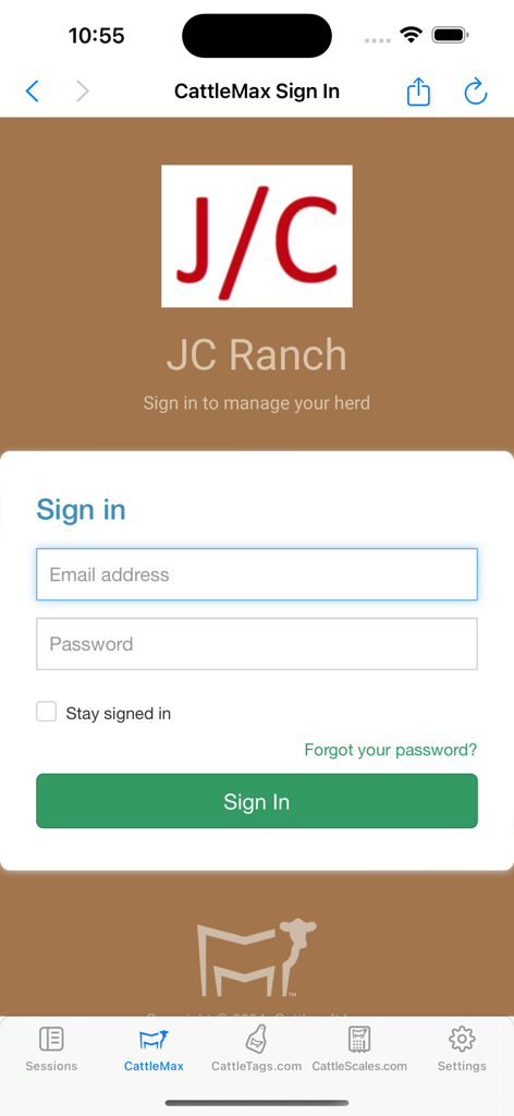 TagMax by CattleMax sign in screen for herd management login