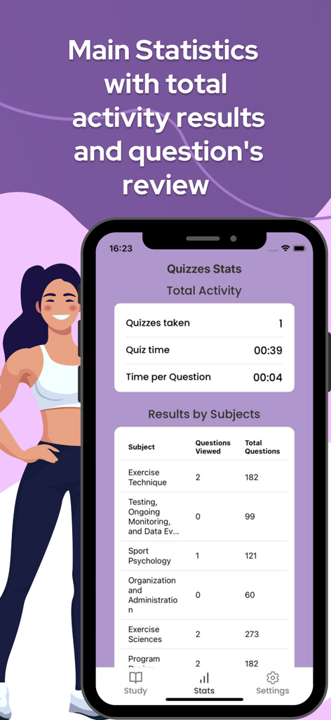 NSCA CSCS exam prep app dashboard showing quiz statistics and results by subject