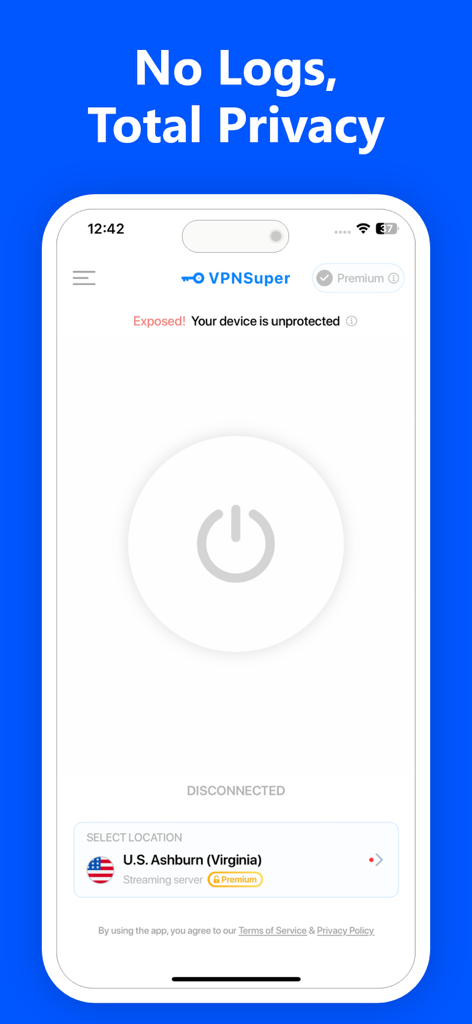 Interface do aplicativo móvel VPNSuper mostrando um cabeçalho No Logs Total Privacy e uma tela de status de conexão.