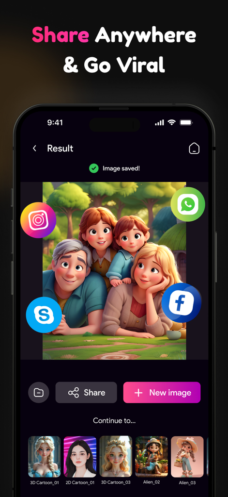 A family portrait transformed into a 3D cartoon style shown on the app sharing screen with social media icons