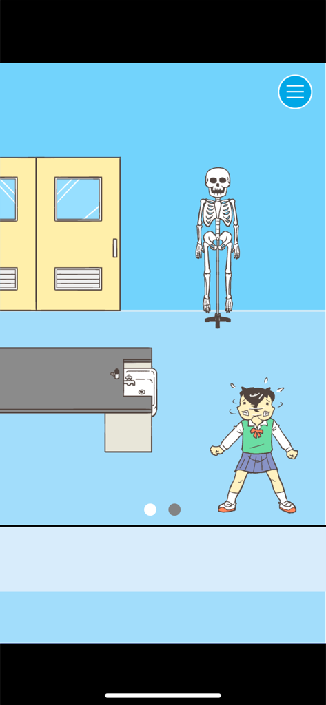 Ditching School! - Un personaje estudiante de pie nerviosamente junto a un modelo de esqueleto en un aula escolar.