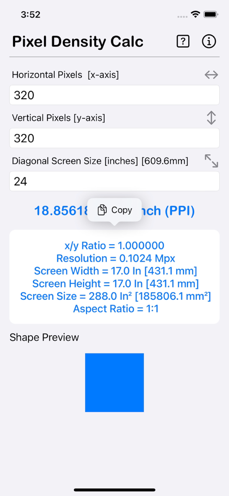 Pixel Density Calculator - ピクセル密度計算機アプリのインターフェイス。PPI結果とアスペクト比計算を表示しています。