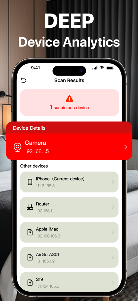 Find Cameras:Privacy Protector - Smartphone screen displaying network scan results with a suspicious hidden camera detected among other connected devices