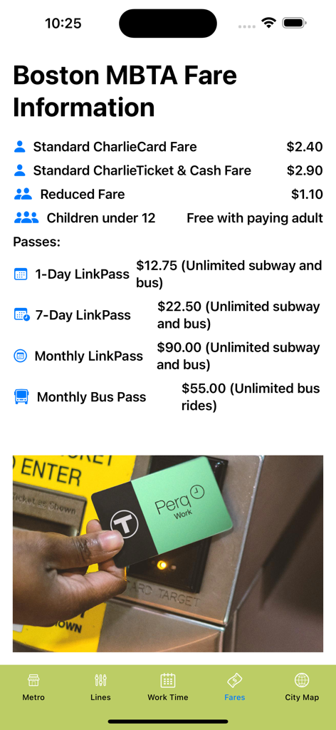 Boston MBTA fare information screen showing ticket and pass prices