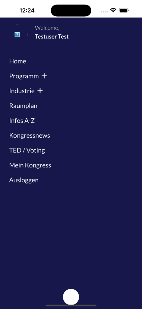 Main navigation menu of the DEGRO 2025 medical conference app featuring program and event information