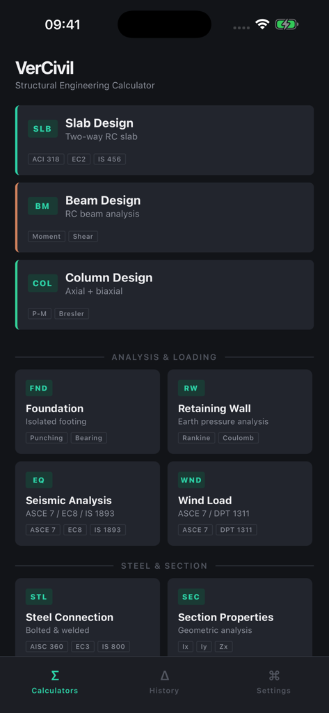 VerCivil: Structural Engineer - VerCivil app dashboard displaying various structural engineering calculation modules for slab beam and column design