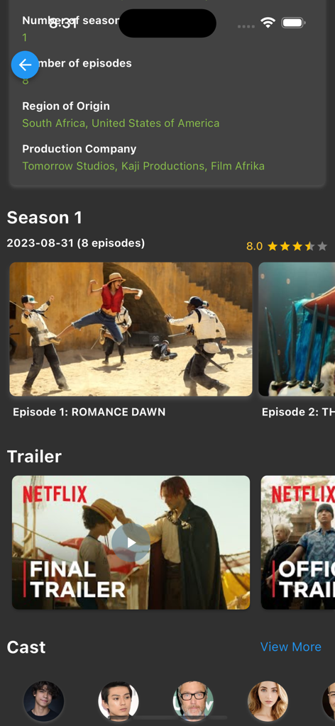 myFilms app screen showing TV show details with episodes trailers and cast information
