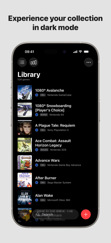 Video game collection library screen on iPhone in dark mode.