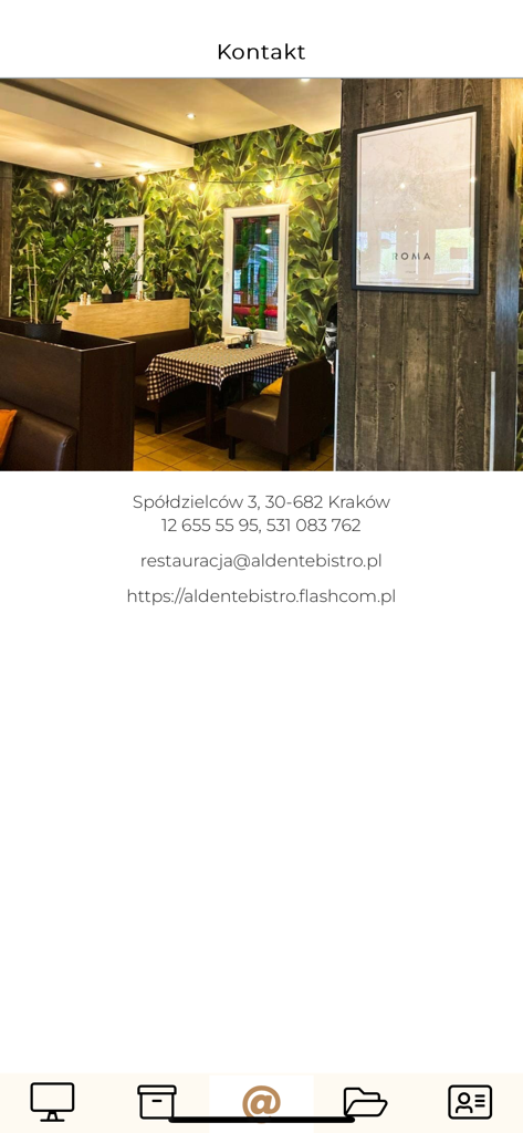 Aldente Bistro contact screen with restaurant interior and address information