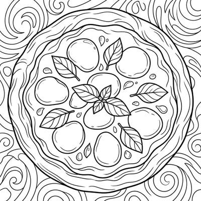 Immerse yourself in the culinary artistry of Italy with this inviting Margherita Pizza coloring page. Adorned with fresh mozzarella, vibrant basil, and rich tomato sauce details, it offers a delectable canvas for your creativity.