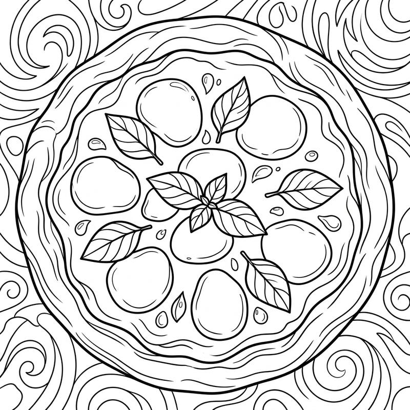 Immerse yourself in the culinary artistry of Italy with this inviting Margherita Pizza coloring page. Adorned with fresh mozzarella, vibrant basil, and rich tomato sauce details, it offers a delectable canvas for your creativity.