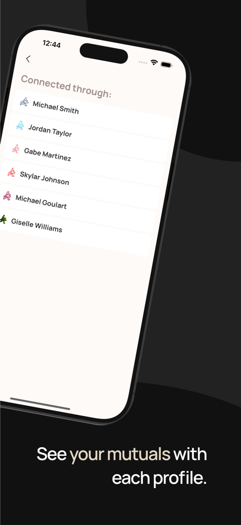 Screenshot of the Cerca app showing a list of mutual friends shared with a potential match to provide social proof and safety.