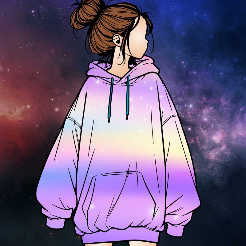realistic girl with a oversized sweatshirt on and a bun