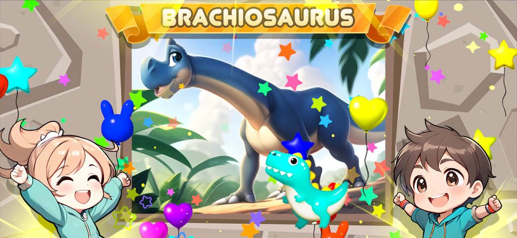 Dream Piece: Kids Jigsaw - Children celebrating after completing a Brachiosaurus puzzle in the Dream Piece kids jigsaw app