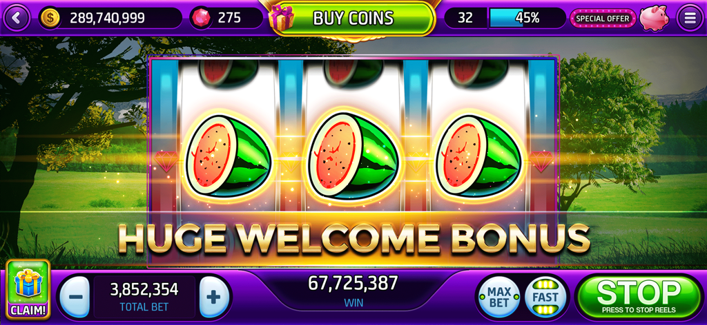 Vegas Classic Slots Casino 777 - Vegas Classic Slots Casino game screen with a huge welcome bonus and watermelon reel symbols