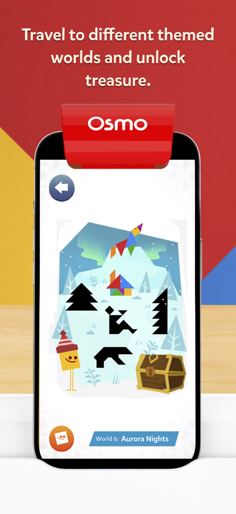 Osmo Tangram - Osmo Tangram app showing the Aurora Nights themed world with shape puzzles and a treasure chest on an iPhone.