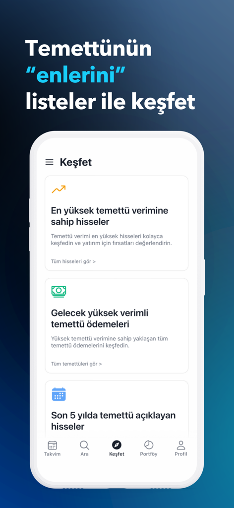 La pantalla de descubrimiento de la aplicación Temettü con listas de acciones de dividendos de alto rendimiento y próximos calendarios de pago