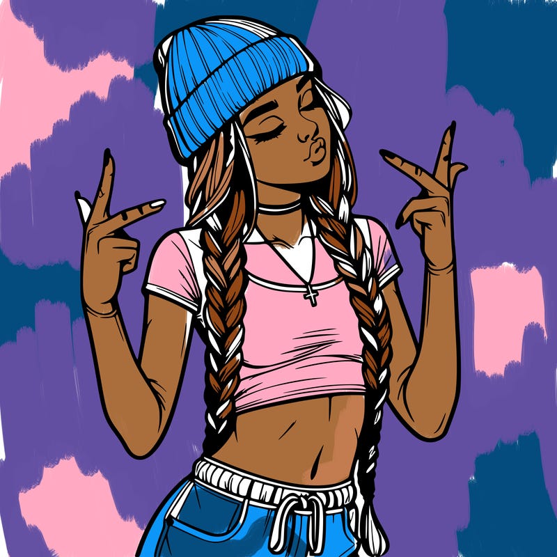 realistic teenage girl with braids and a beanie and crop top doing 🫶🏼