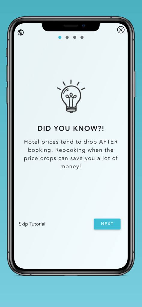 Pruvo app tutorial screen explaining savings from hotel price drops.
