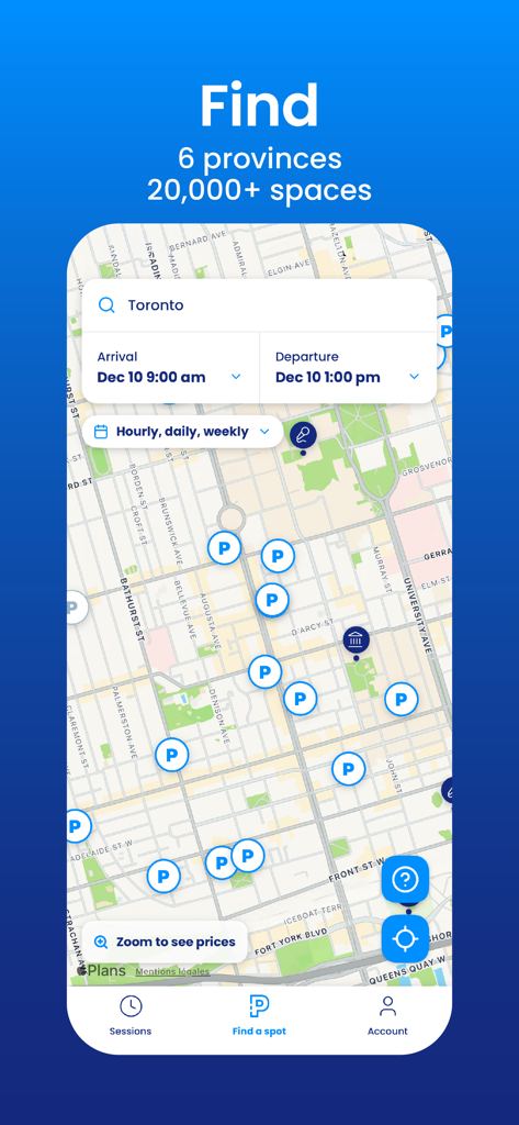 L'interface de l'application clicknpark montrant une carte de Toronto avec de nombreuses places de stationnement disponibles et des filtres de recherche pour les heures d'arrivée et de départ.