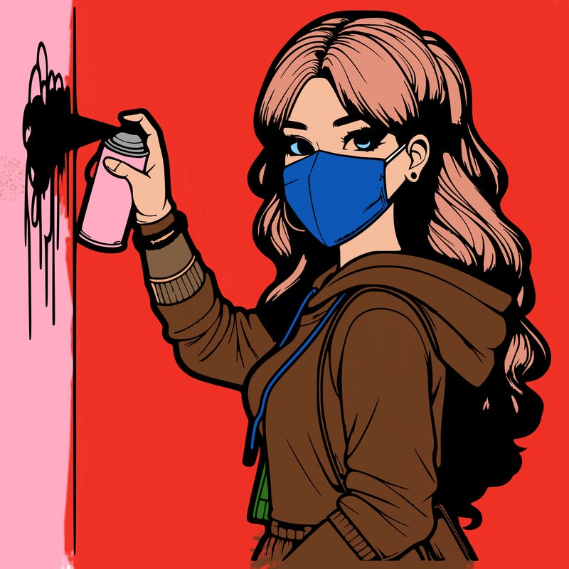 realistic girl with mask spray painting a wall