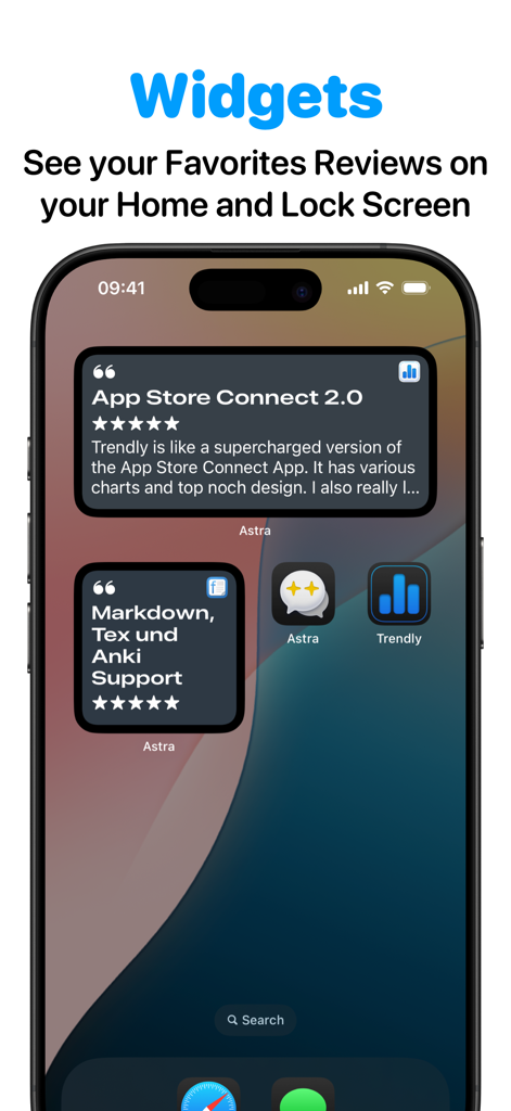 App Reviews & Ratings - Astra - Pantalla de inicio de iPhone mostrando widgets de Astra con reseñas y calificaciones de aplicaciones favoritas.
