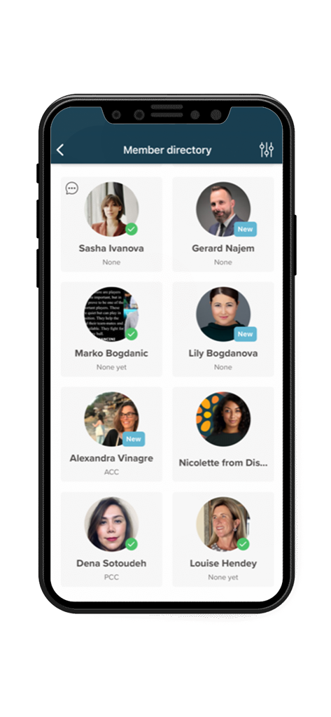 Erickson+ - Erickson plus app member directory screen displaying profiles of certified professional coaches and alumni