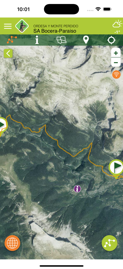Satellite map view of Ordesa y Monte Perdido National Park showing a hiking route trail in the Parques Nacionales app.