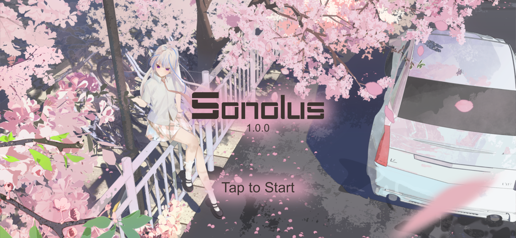 Sonolus - La pantalla de inicio de la aplicación Sonolus con una chica de anime y flores de cerezo