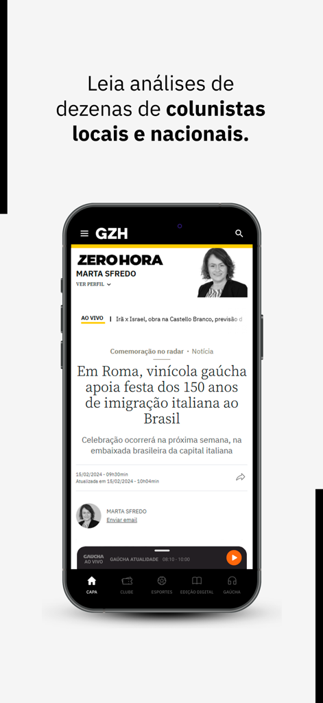 GZH: notícias RS - Smartphone displaying the GZH news app interface featuring columns from Zero Hora and regional news about Rio Grande do Sul.