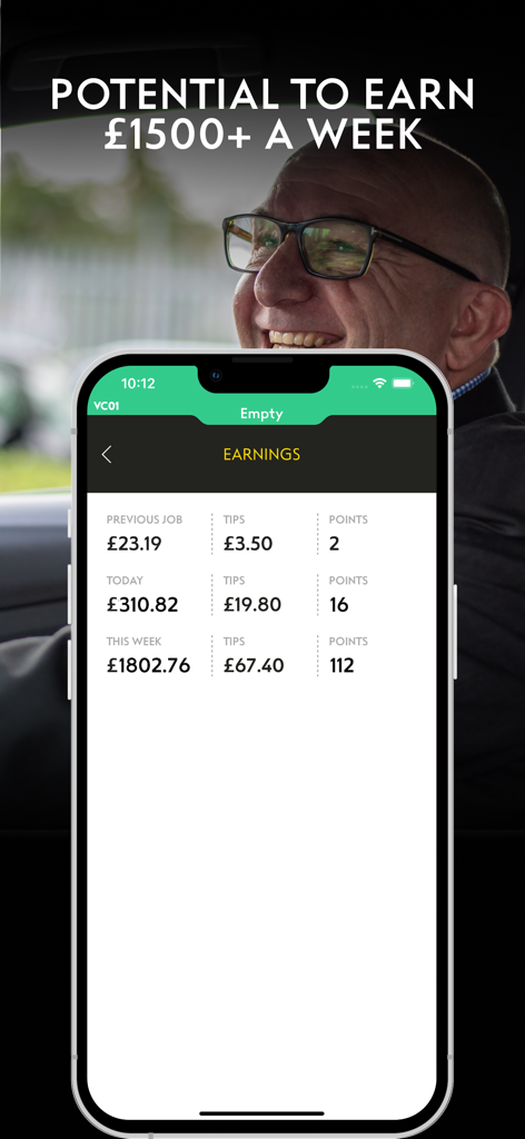Addison Lee Driver - Addison Lee Driver app screen showing weekly earnings over 1800 pounds and daily driver statistics