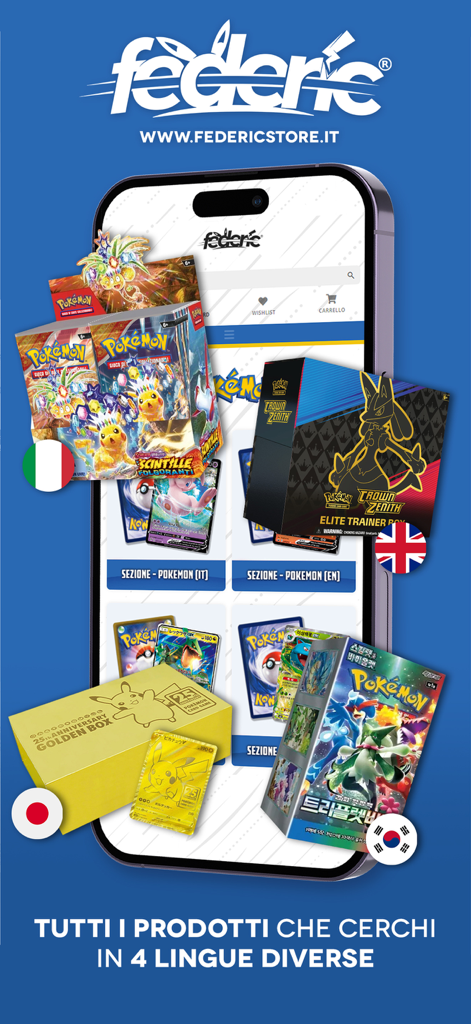 Federicstore - Federicstore app interface showing Pokemon products available in four different languages including Italian English Japanese and Korean