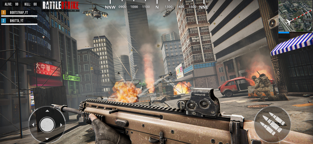 BattleStrike Commando Gun Game - Vista en primera persona de jugabilidad de disparos tácticos en una zona de guerra urbana con explosiones.