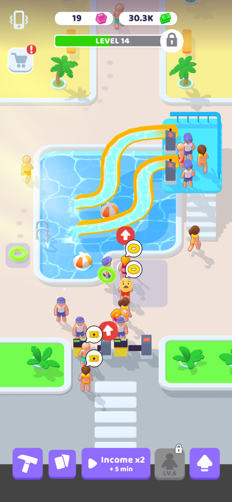 My Aquapark: Idle Water Empire - Top down view of a water park management game showing guests queuing for water slides and a swimming pool.