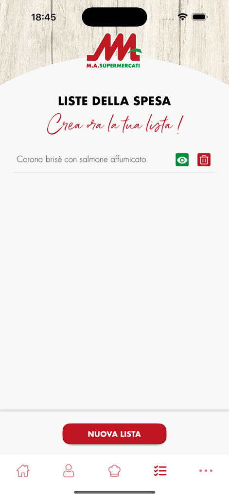 Schermata della lista della spesa digitale nell'app MA Supermercati che mostra gli articoli salvati e un pulsante per creare una nuova lista.