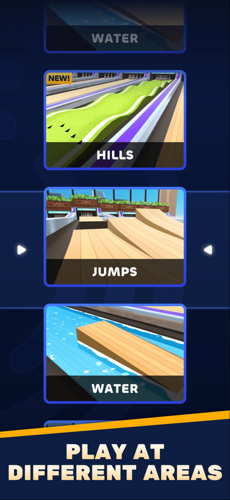 Skyline Bowling - Selection screen showing different bowling terrains including hills, jumps, and water
