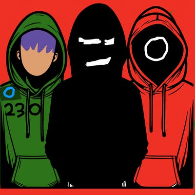 3 faceless people in  hoodies