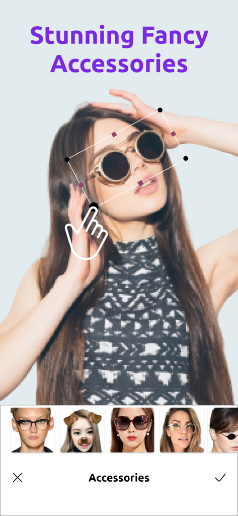 Macho Man-Edit Body Muscle Pro - A woman using the Macho Man app to add stylish sunglasses and accessories to her photo