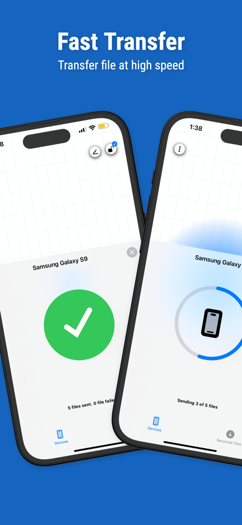 DroidShare - DroidShare mobile app screens showing successful and ongoing high speed file transfers between devices