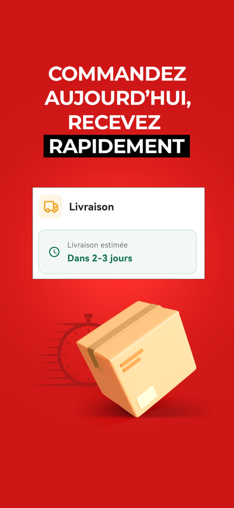 Mytek - Écran promotionnel de l'application Mytek montrant une livraison rapide en deux à trois jours en Tunisie.