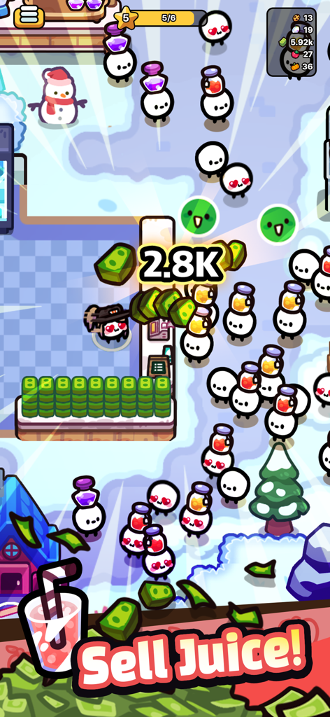 Chainsaw Juice King: Idle Shop - Una tienda nevada en Chainsaw Juice King mostrando una multitud de personajes lindos comprando jugo y una gran cantidad de efectivo siendo recolectada.