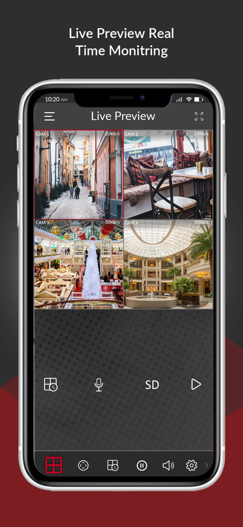 cMOB-20 - cMOB-20 app showing live preview of four security cameras