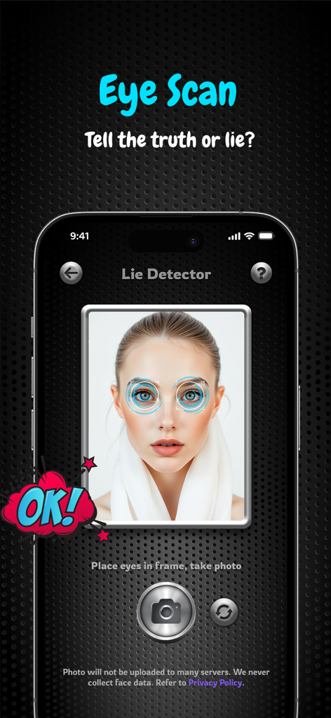 Eye scanner interface for lie detector prank app showing a facial biometric scan