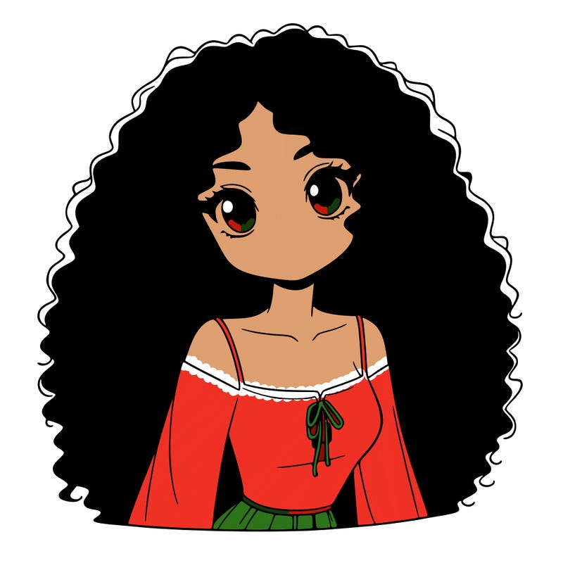 a black anime girl with long afro hair