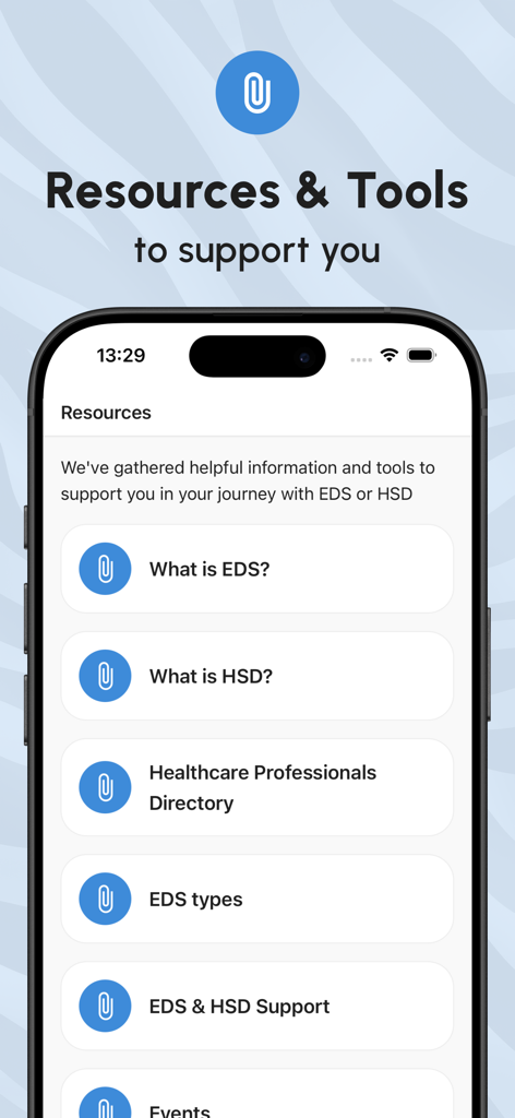 The Ehlers-Danlos Society - Schermata delle risorse e degli strumenti dell'app Ehlers Danlos Society che fornisce informazioni su EDS e HSD