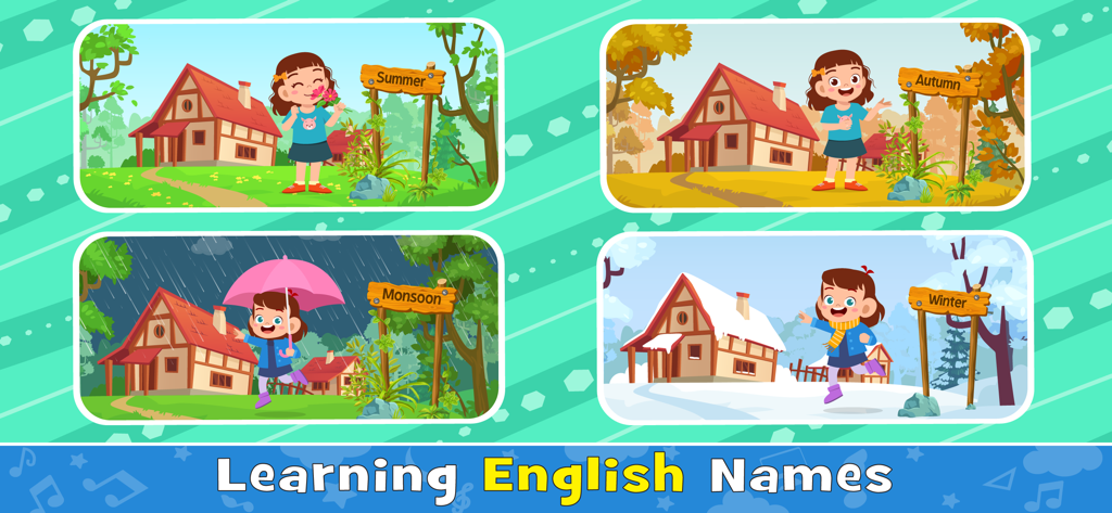 Baby Games: Learning English - Pantalla educativa que muestra las cuatro estaciones: verano, otoño, monzón e invierno para que los niños aprendan vocabulario en inglés.