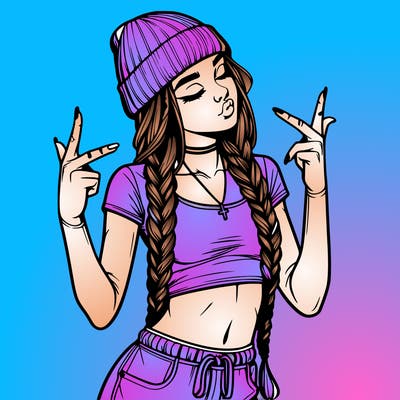 realistic teenage girl with braids and a beanie and crop top doing 🫶🏼