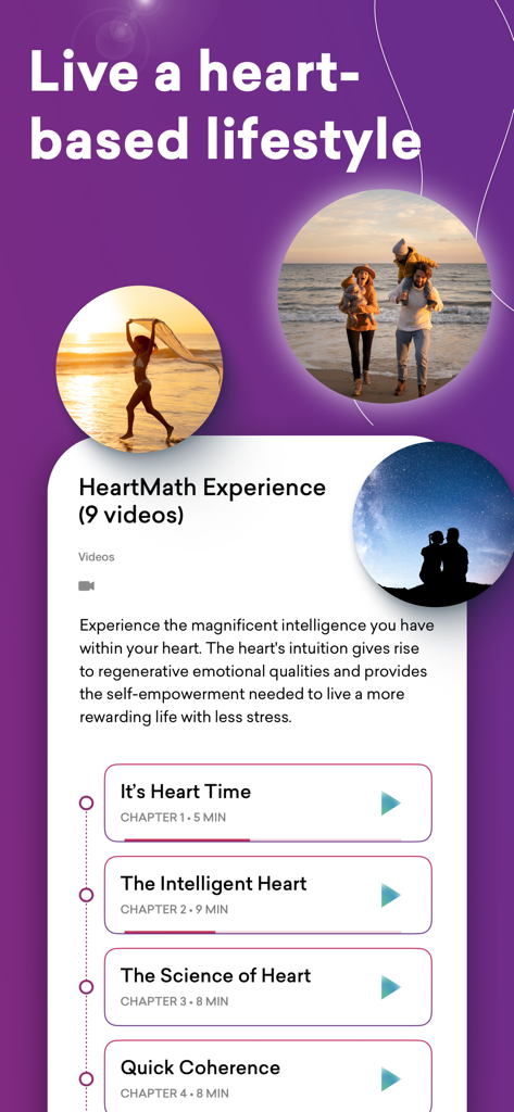 Interfaz de la aplicación móvil para HeartMath que presenta capítulos de video sobre inteligencia cardíaca y coherencia.