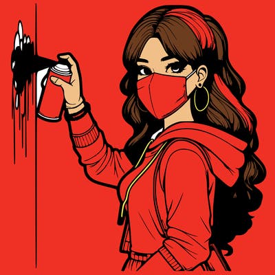 realistic girl with mask spray painting a wall