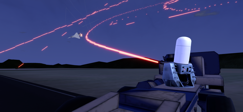 C-RAM CIWS simulator - Sistema Phalanx CIWS disparando projéteis traçantes vermelhos contra um jato inimigo em uma simulação noturna de defesa aérea
